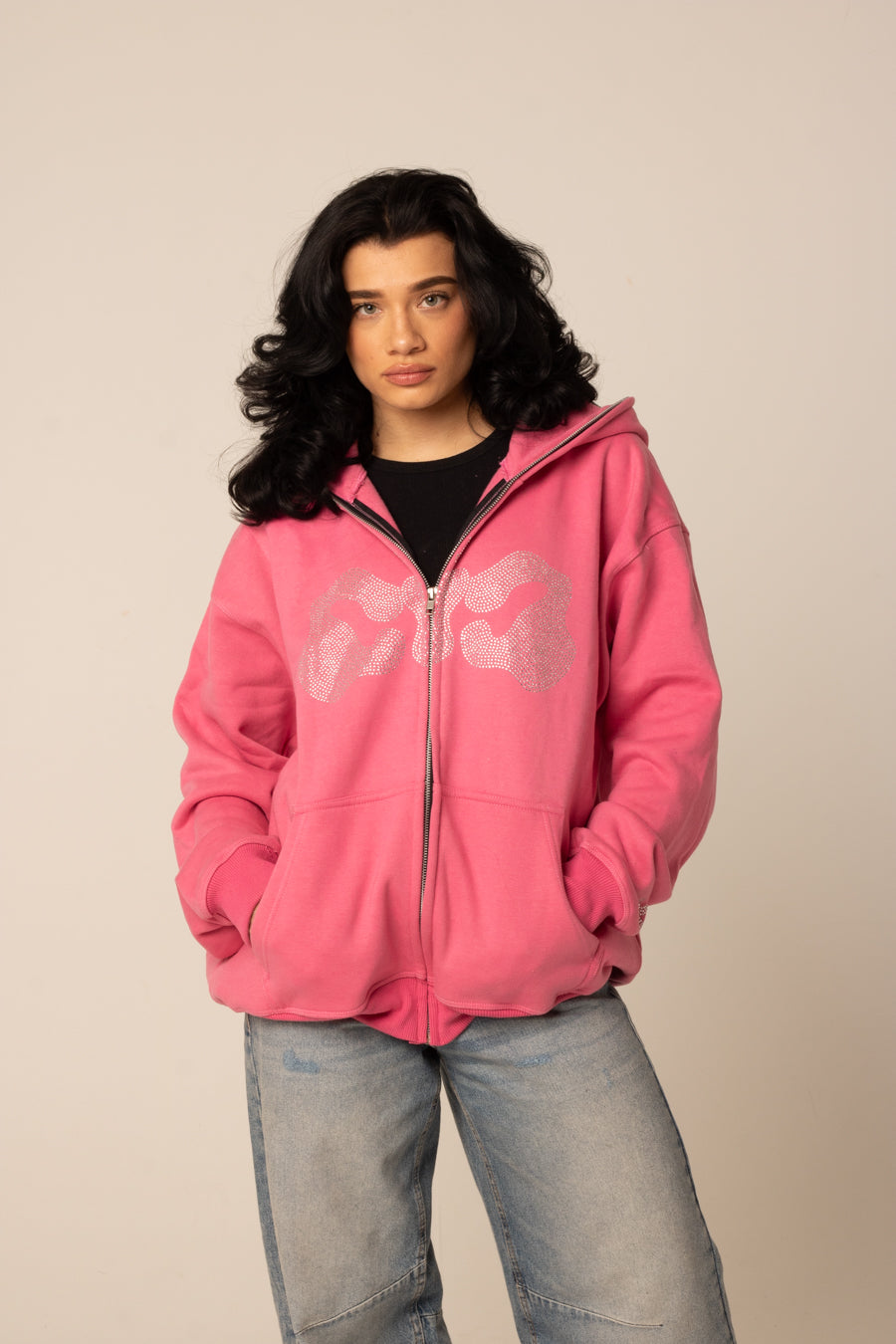 Full Zip Pink Rhinestone Hoodie