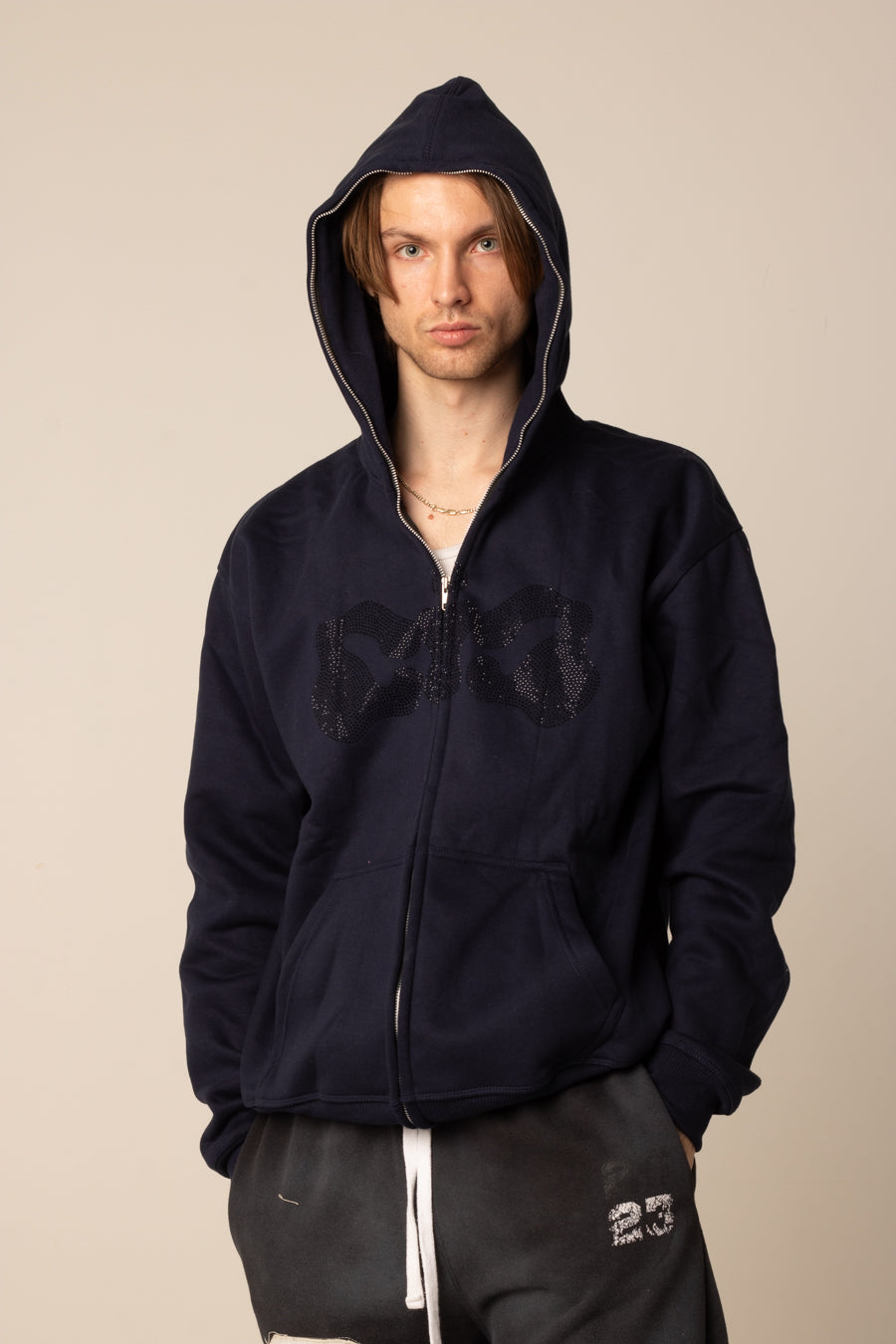 CIC Full Zip Rhinestone Hoodie in Navy