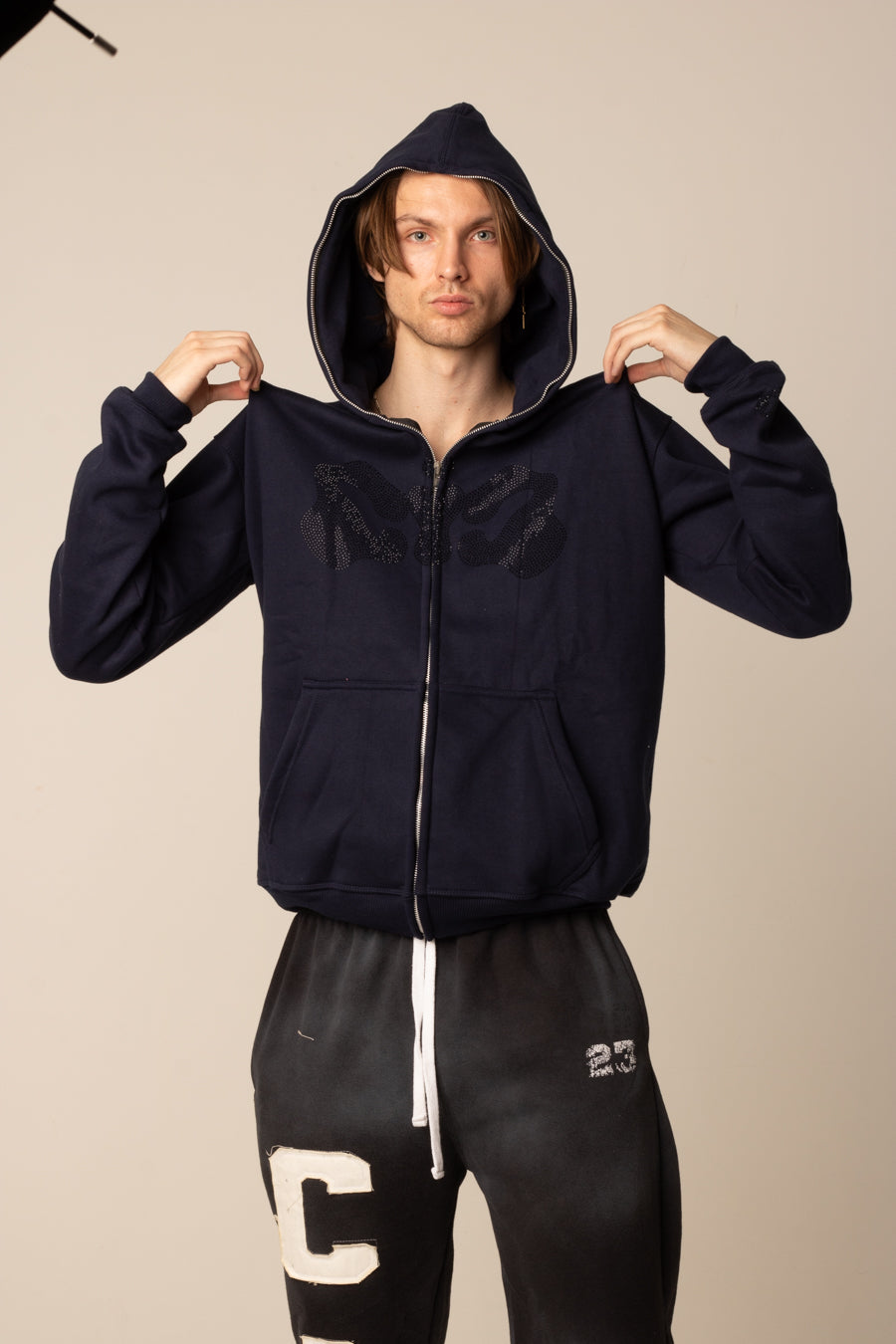 Full Zip Navy Rhinestone Hoodie