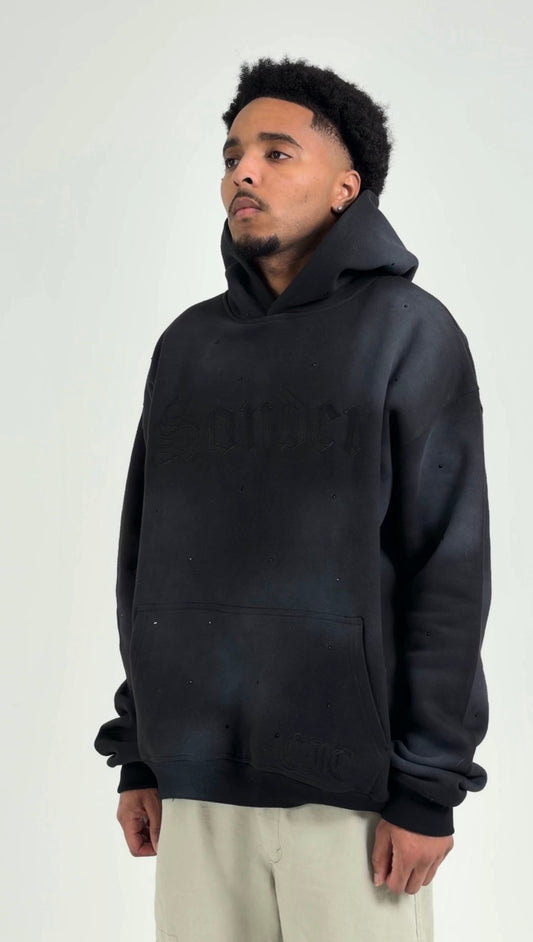 "Sonder" Rhinestone Hoodie in Washed Black