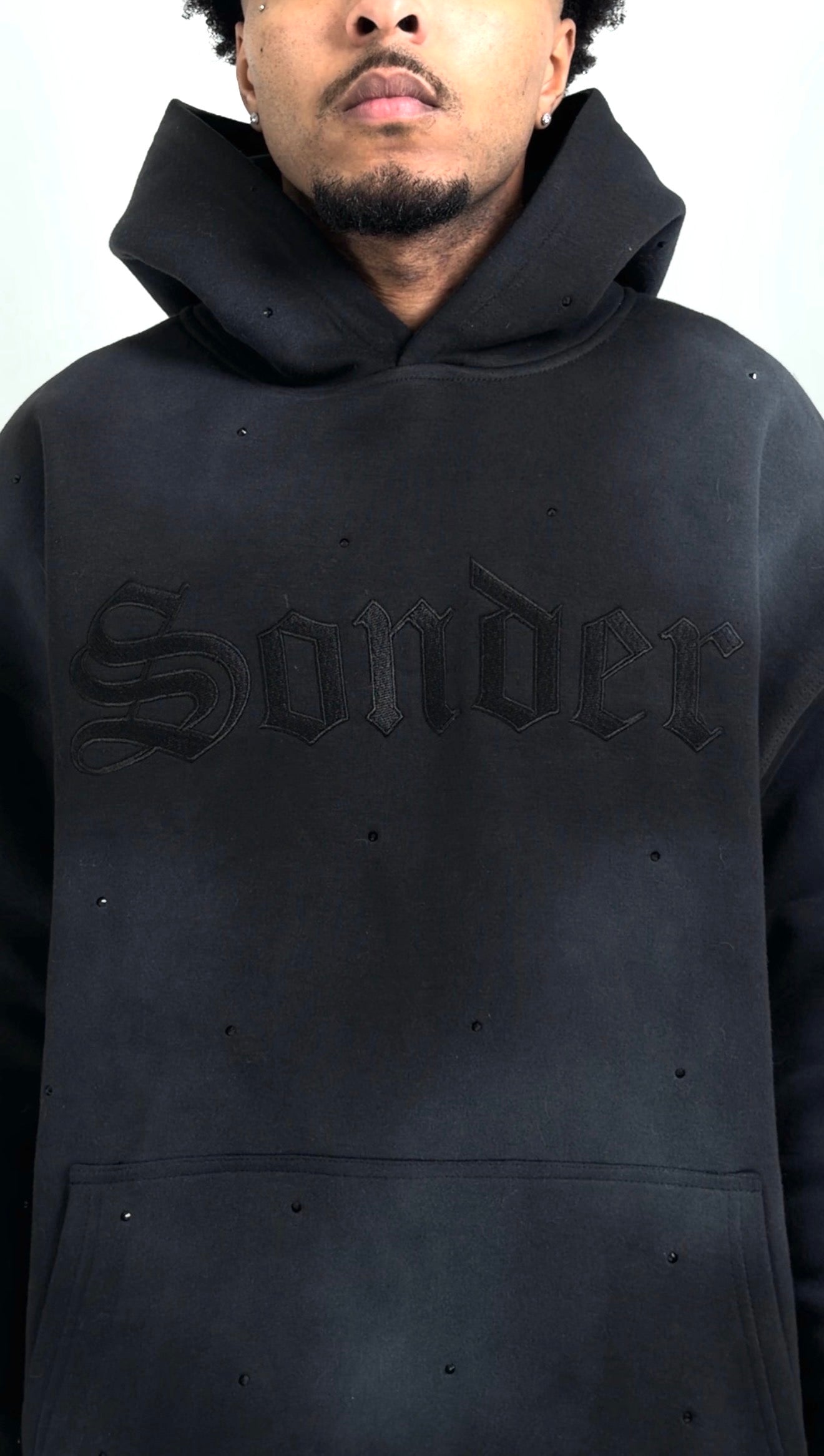 "Sonder" Rhinestone Hoodie in Washed Black