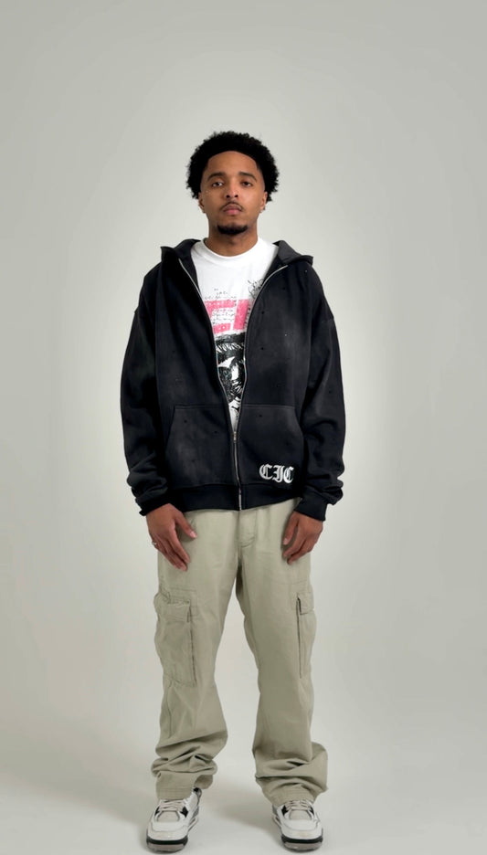 "Emotion is Power" Zip-Up Rhinestone Hoodie in Washed Black