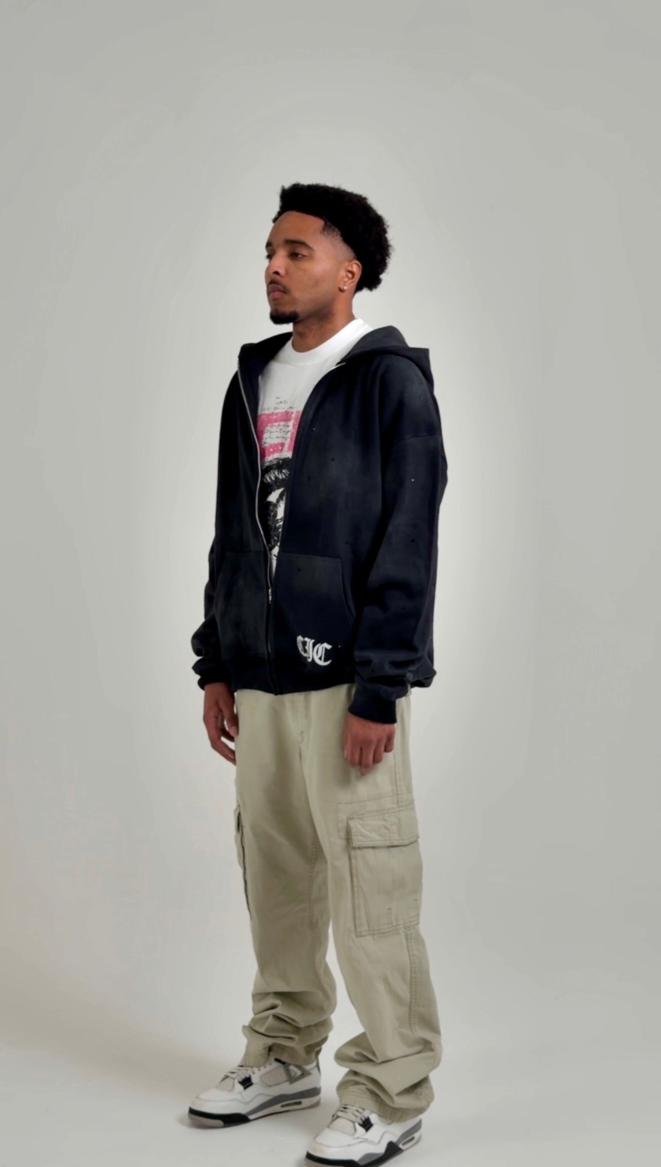 "Emotion is Power" Zip-Up Rhinestone Hoodie in Washed Black