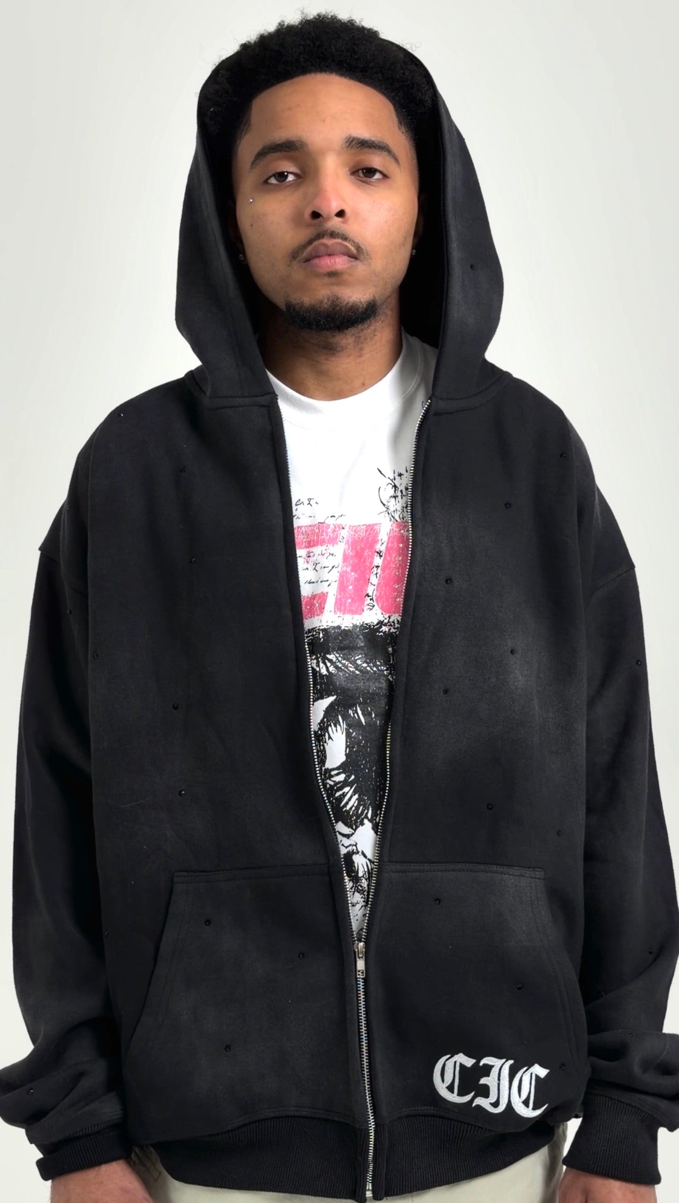 "Emotion is Power" Zip-Up Rhinestone Hoodie in Washed Black