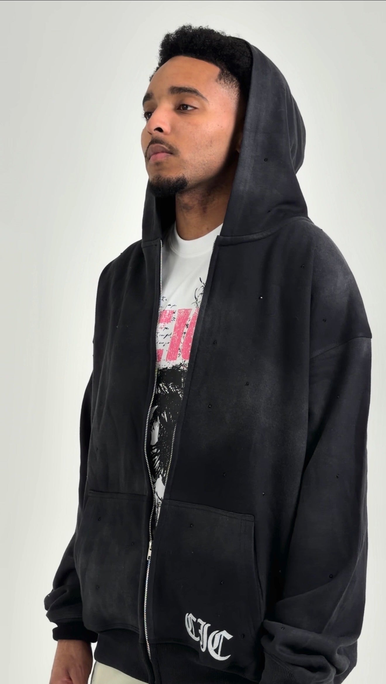"Emotion is Power" Zip-Up Rhinestone Hoodie in Washed Black