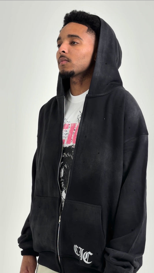 "Emotion is Power" Zip-Up Rhinestone Hoodie in Washed Black