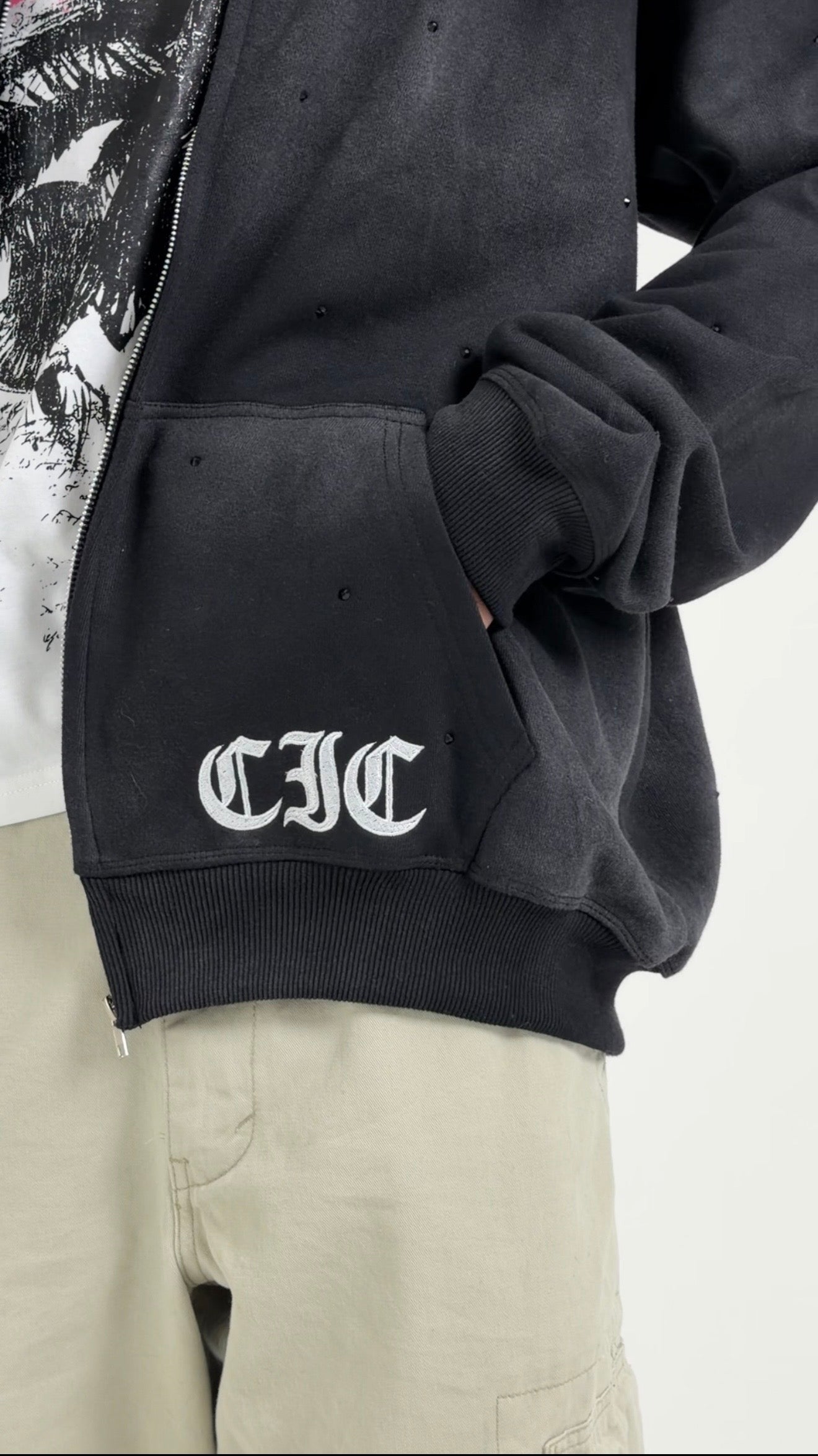 "Emotion is Power" Zip-Up Rhinestone Hoodie in Washed Black