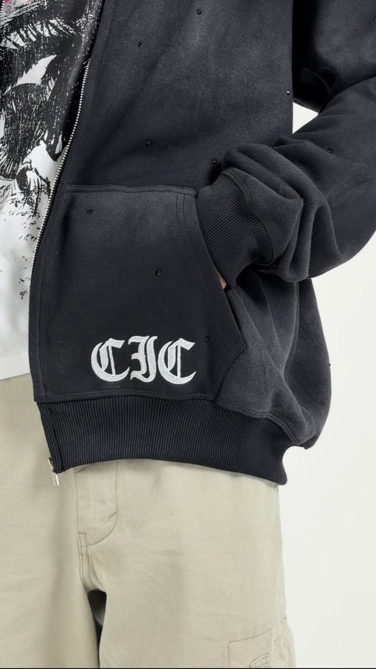 "Emotion is Power" Zip-Up Rhinestone Hoodie in Washed Black