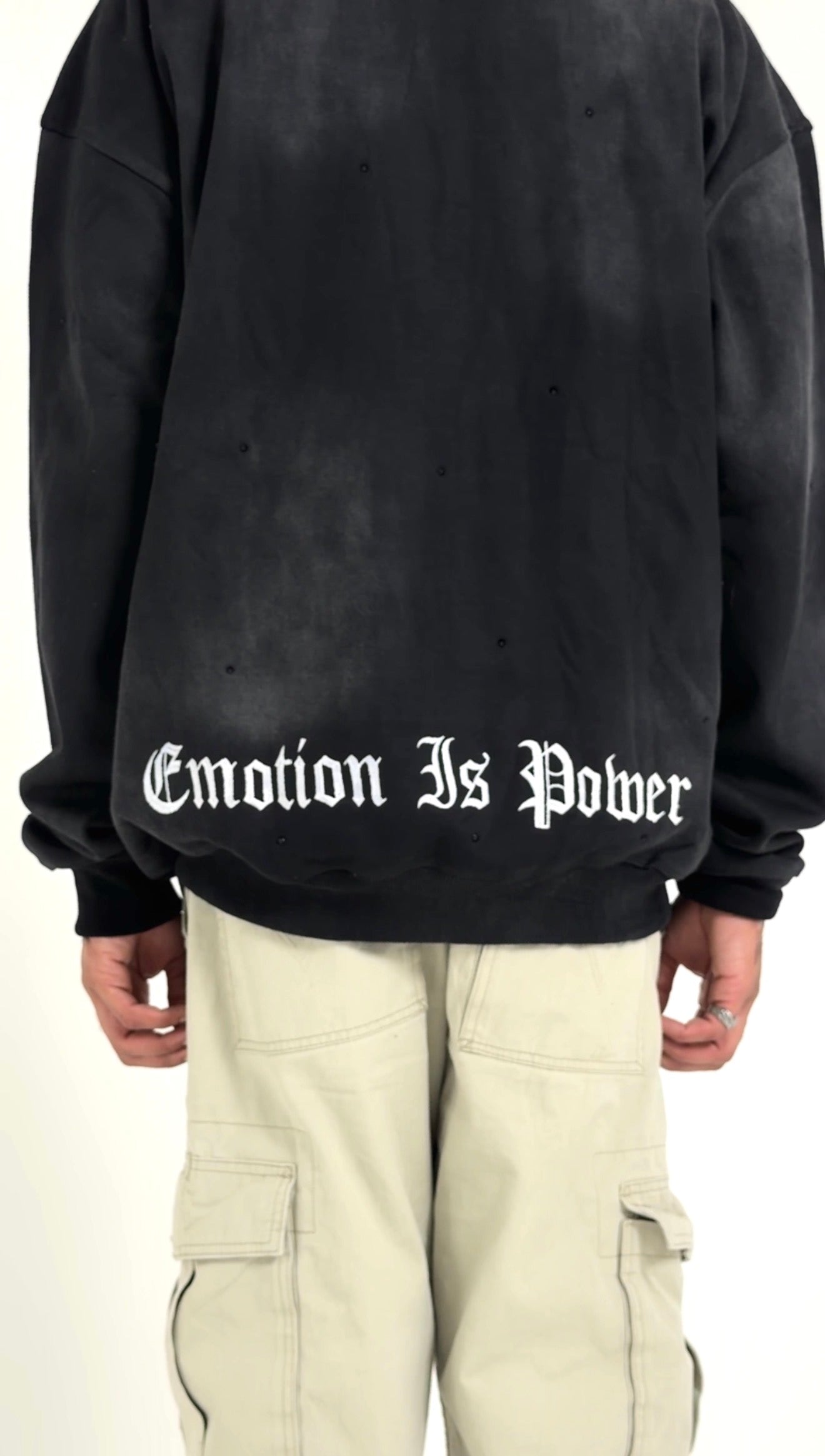 "Emotion is Power" Zip-Up Rhinestone Hoodie in Washed Black