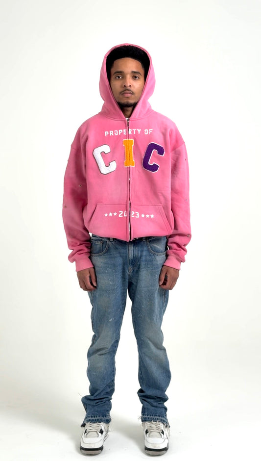 CIC Chenille Varsity Zip Up in Pink
