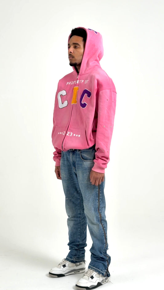 CIC Chenille Varsity Zip Up in Pink