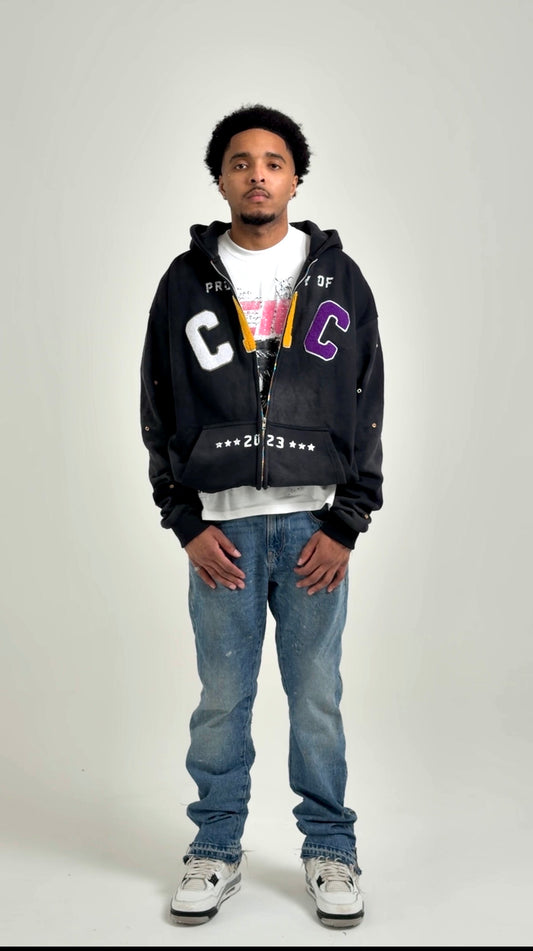 CIC Chenille Varsity Zip Up in Black