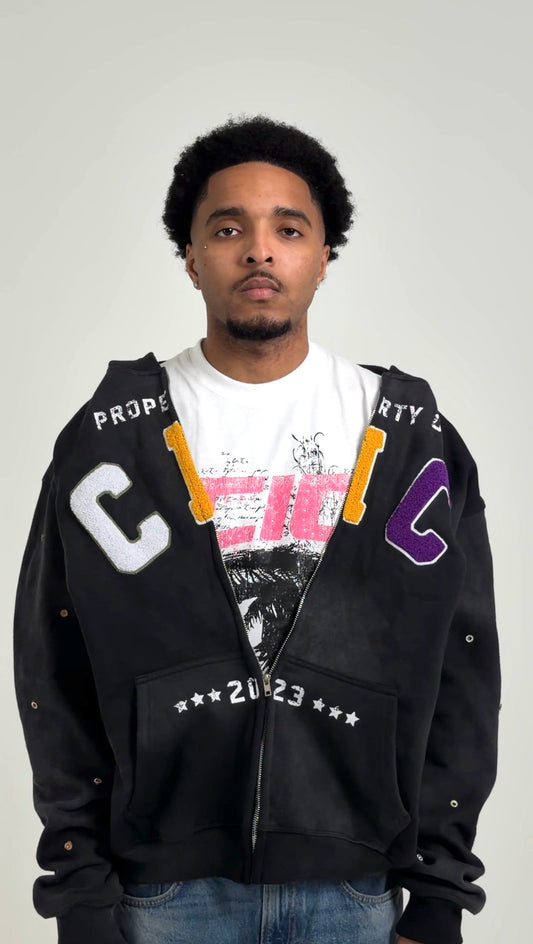 CIC Chenille Varsity Zip Up in Black