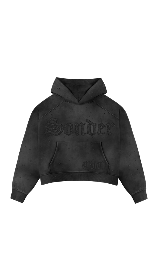 "Sonder" Rhinestone Hoodie in Washed Black