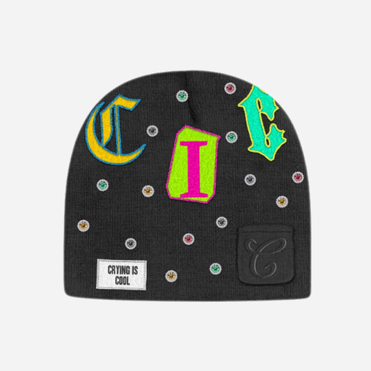 CIC gemstone beanie in black, rib knit with embroidered C I C letters and multicolor gemstones