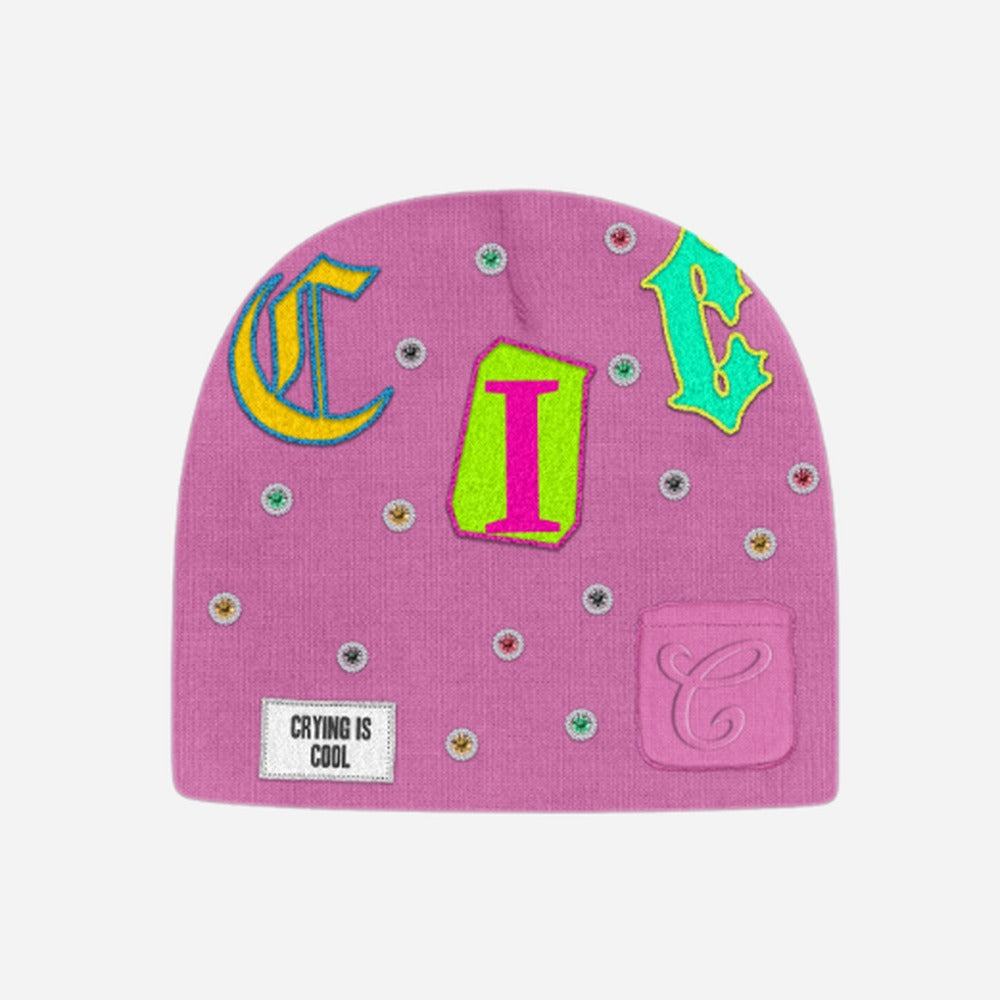 CIC gemstone beanie in pink, rib knit with embroidered C I C letters and multicolor gemstones