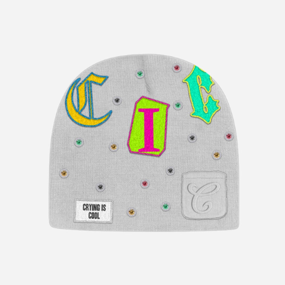CIC gemstone beanie in white, rib knit with embroidered C I C letters and multicolor gemstones