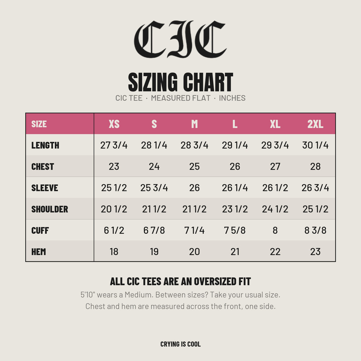 CIC tee sizing chart, measured flat in inches, XS to 2XL. All CIC tees are an oversized fit.