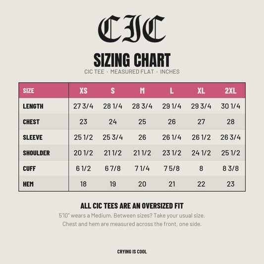 CIC tee sizing chart, measured flat in inches, XS to 2XL. All CIC tees are an oversized fit.