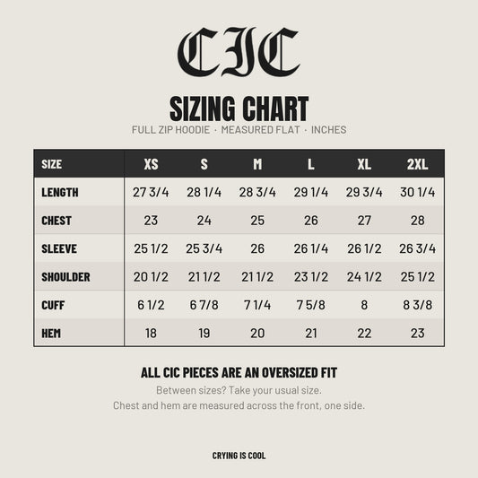 CIC hoodie sizing chart, measured flat in inches, XS to 2XL. All CIC pieces are an oversized fit.
