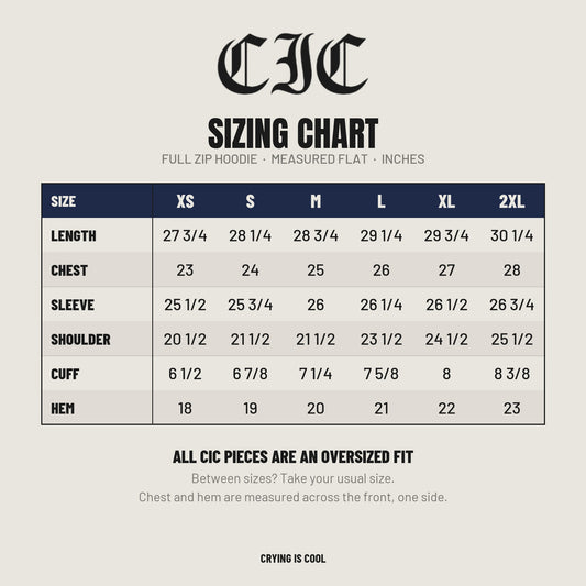 CIC hoodie sizing chart, measured flat in inches, XS to 2XL. All CIC pieces are an oversized fit.