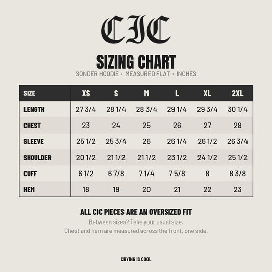 Sonder hoodie sizing chart, measured flat in inches, XS to 2XL. All CIC pieces are an oversized fit.