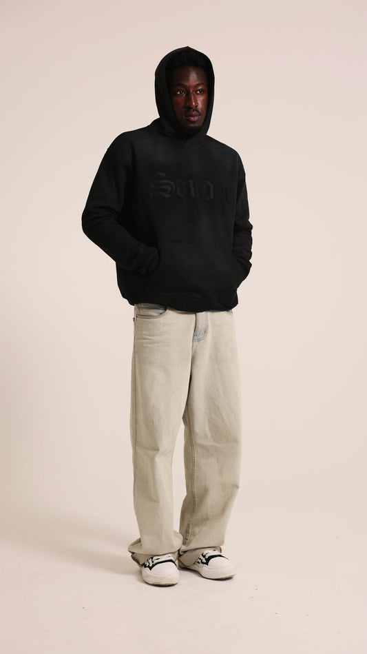 Sonder Rhinestone Hoodie in Washed Black, full body on model, hood up