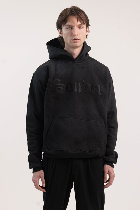 Sonder Rhinestone Hoodie in Washed Black - chest embroidery close-up