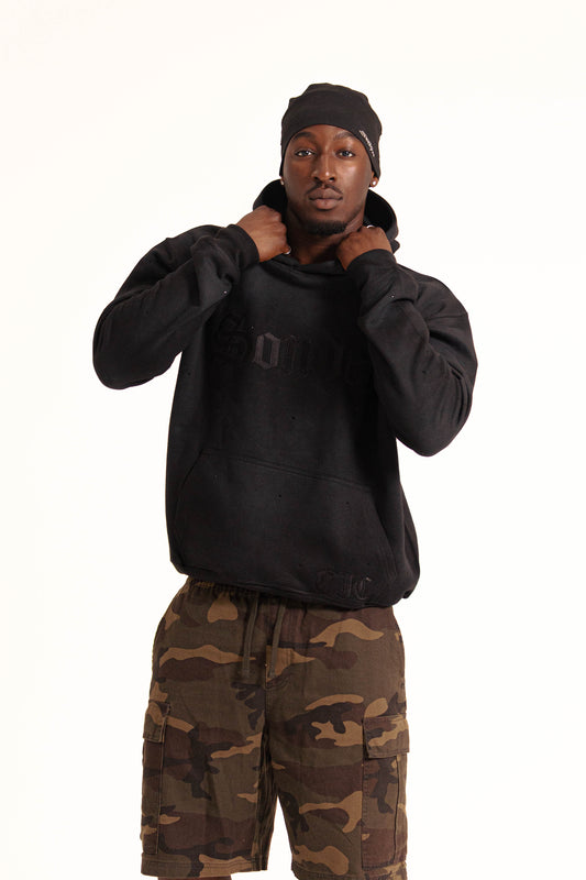 Sonder Rhinestone Hoodie in Washed Black - hood detail on model